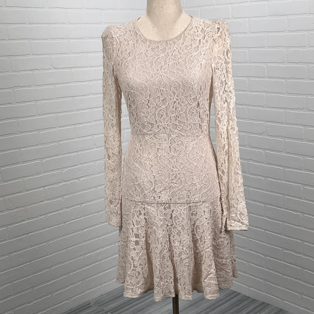 Vintage 80s 19/71 Riess Dress Womens 4 Taupe Rosalin Lace Wedding Neutral Formal